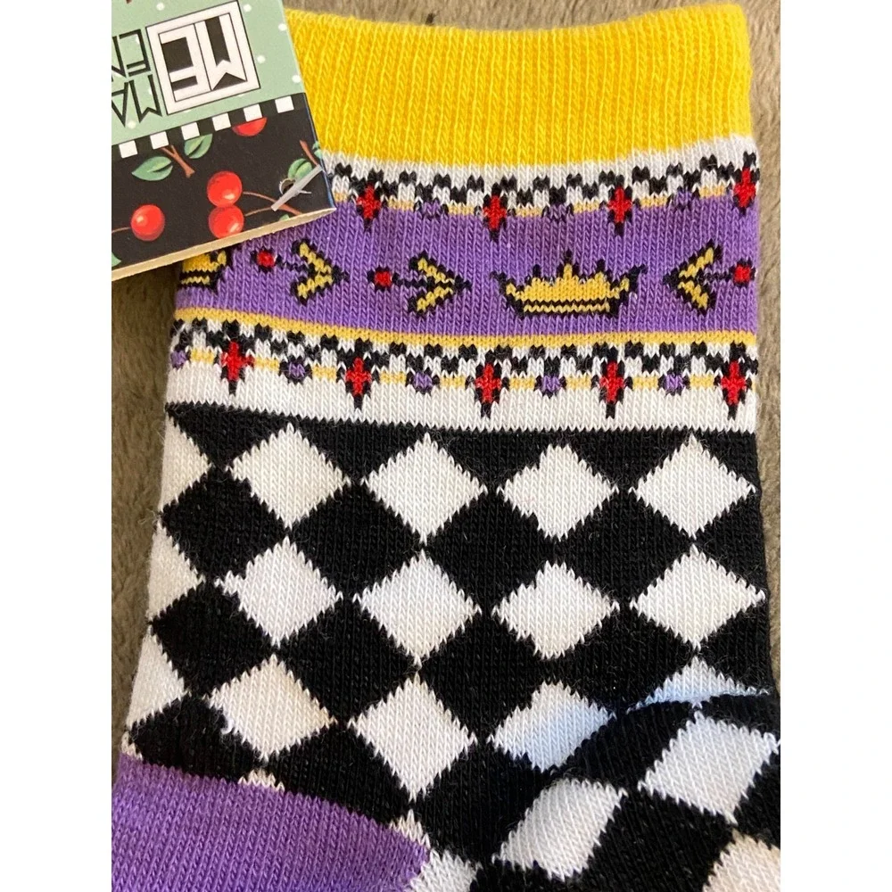 Vtg MARY ENGELBREIT ~ Crown QUEEN Black White Diamond PURPLE Jewel SOCKS ~NWT